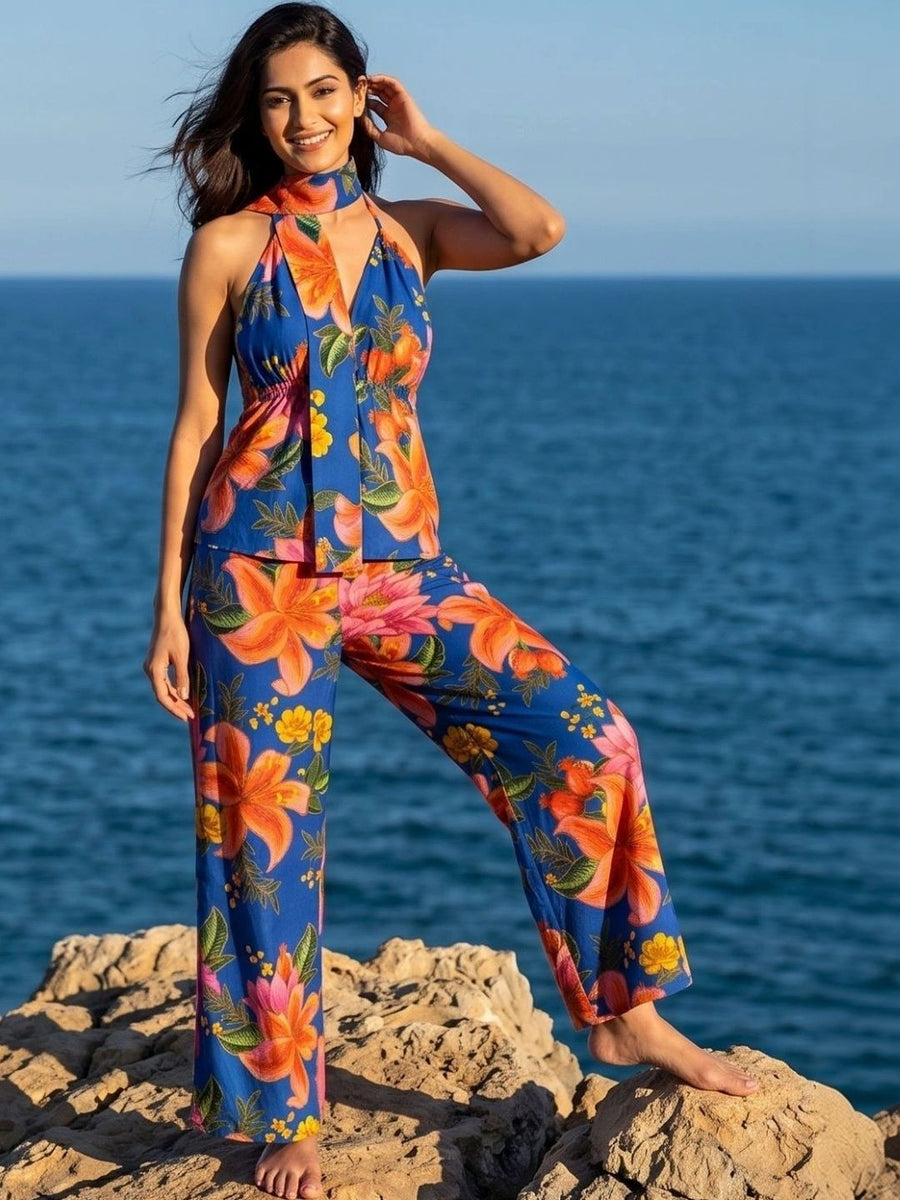 Blue Halter Tropical Print Palazzo Co-ord Set – AIWW-310A